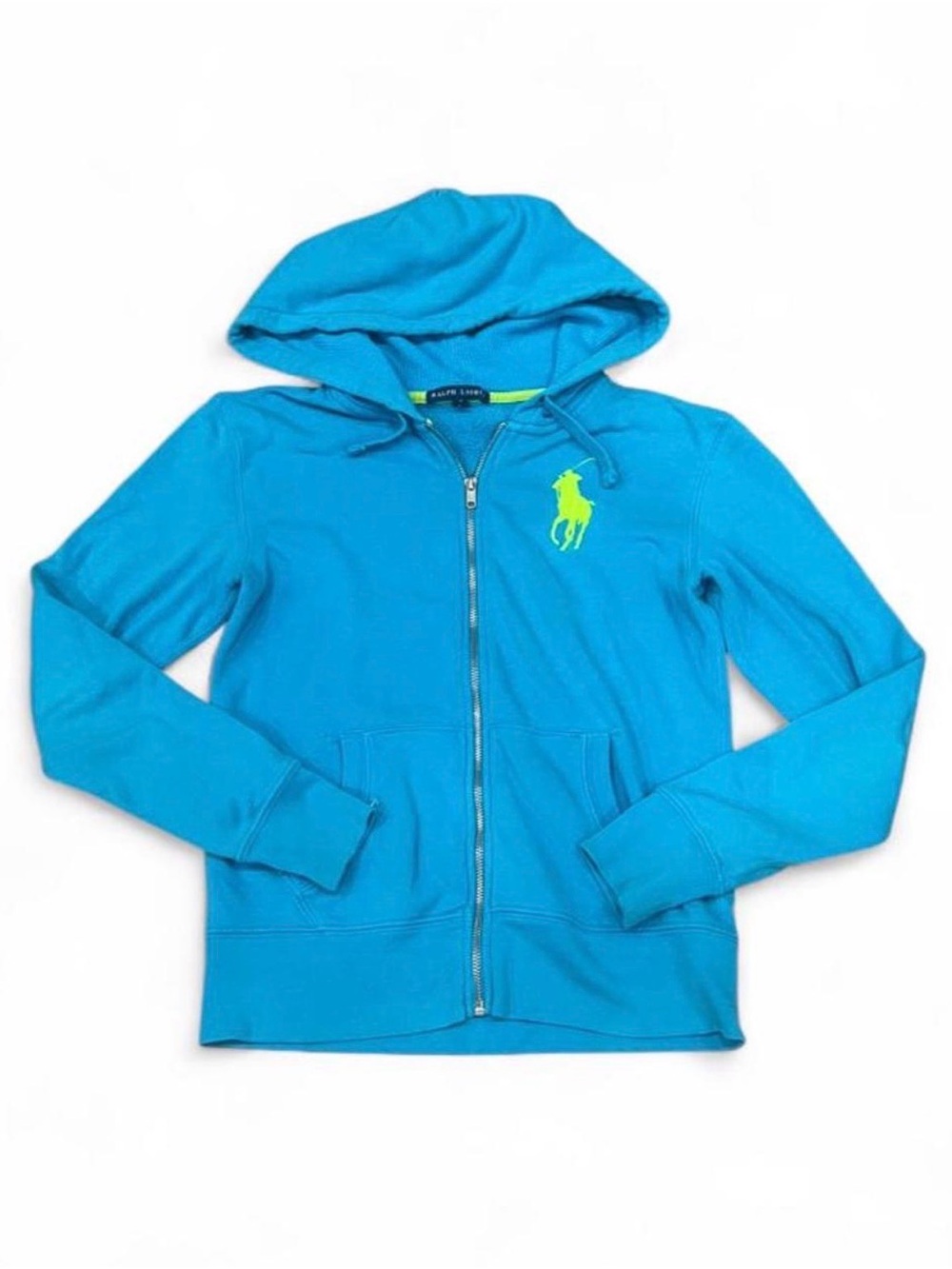 Ralph Lauren Blue Full Zip Big Pony Hoodie Small Y2K Sporty Neon Tennis Preppy